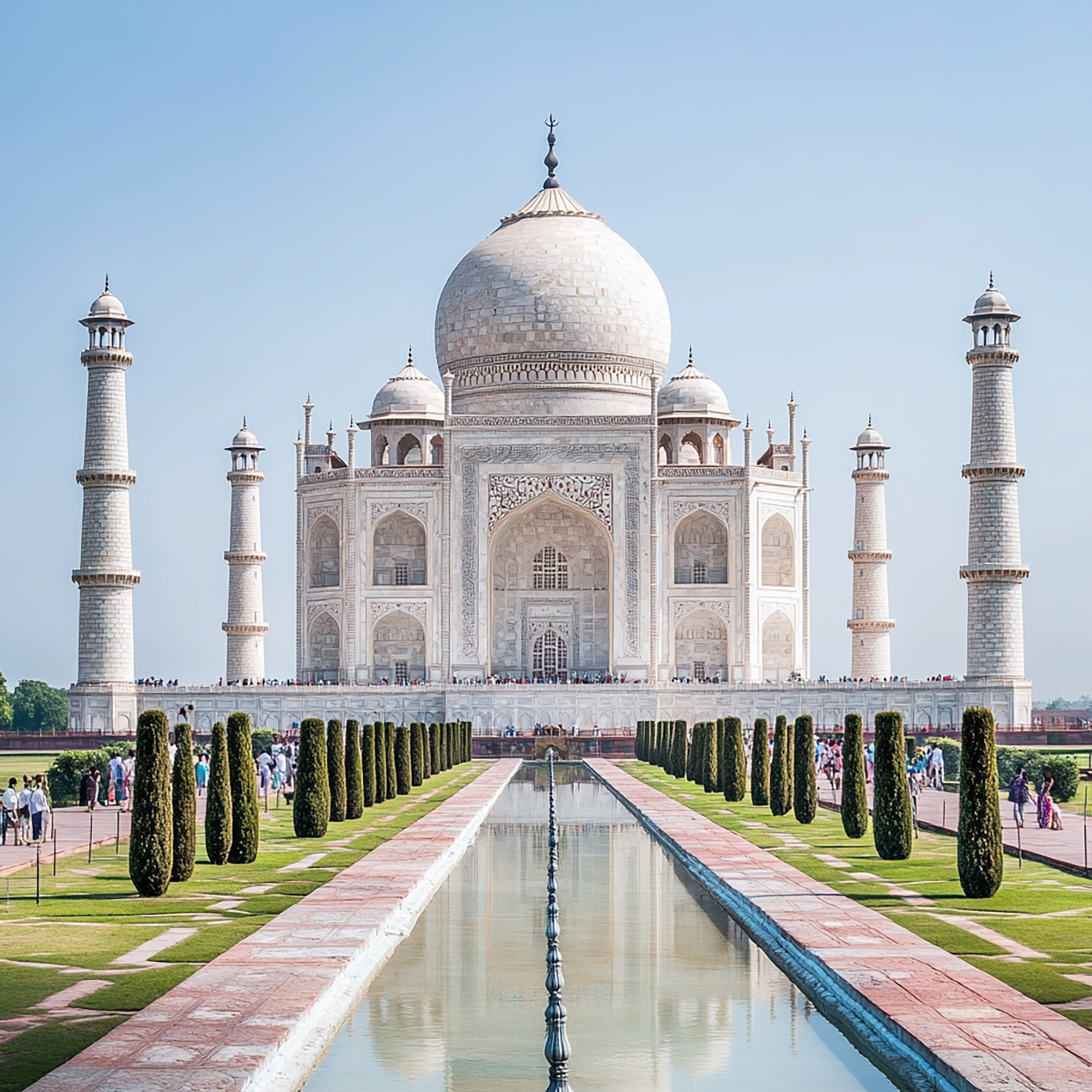 picture white building with reflection person water